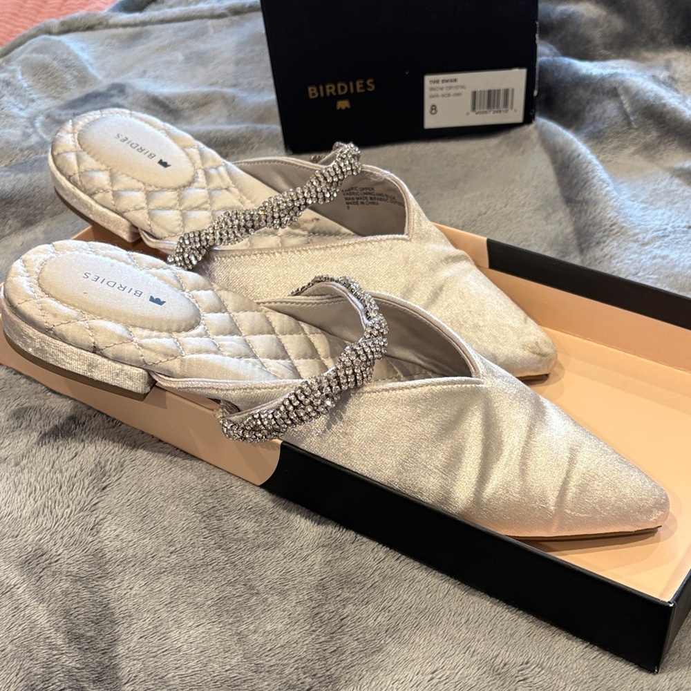 Birdies Silver Mules with Rhinestone Detail